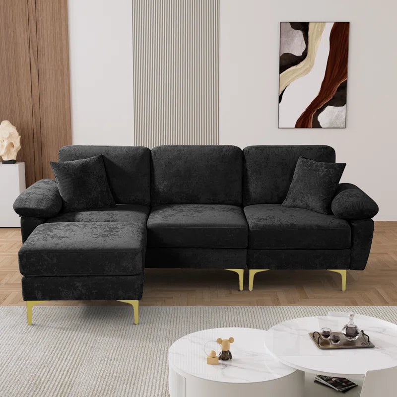 L-Shape Sectional Sofa: 3 - Piece Upholstered Sectional with Ottoman(Black Polyester)