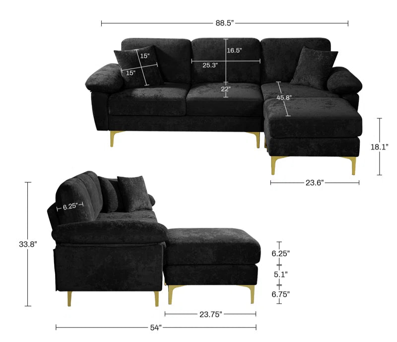 L-Shape Sectional Sofa: 3 - Piece Upholstered Sectional with Ottoman(Black Polyester)