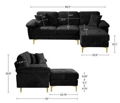 L-Shape Sectional Sofa: 3 - Piece Upholstered Sectional with Ottoman(Black Polyester)