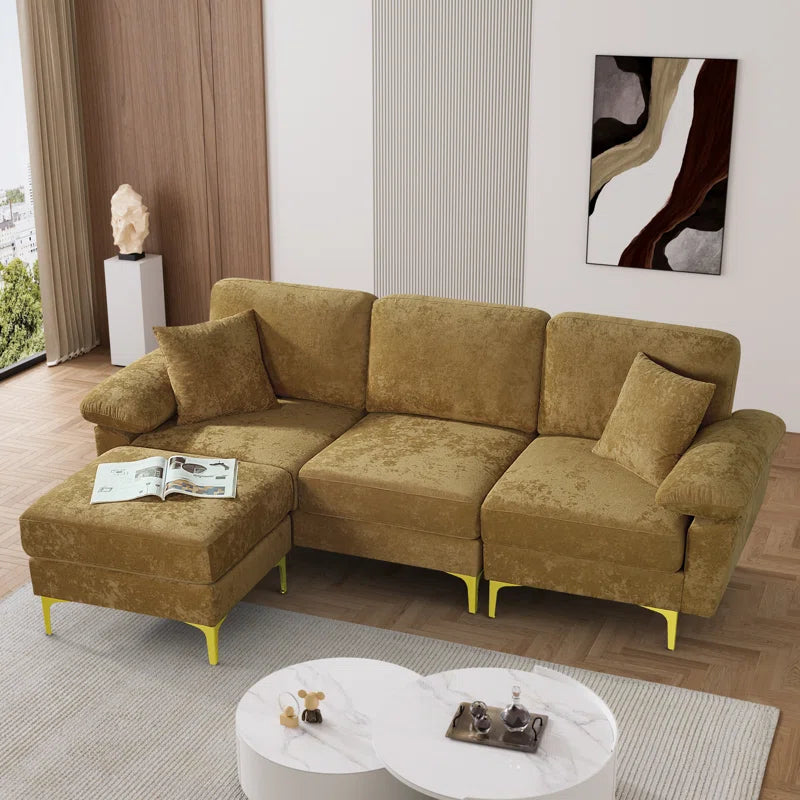 L-Shape Sectional Sofa: 3 - Piece Upholstered Sectional with Ottoman(Brown Polyester)