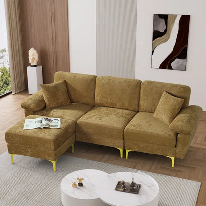 L-Shape Sectional Sofa: 3 - Piece Upholstered Sectional with Ottoman(Brown Polyester)