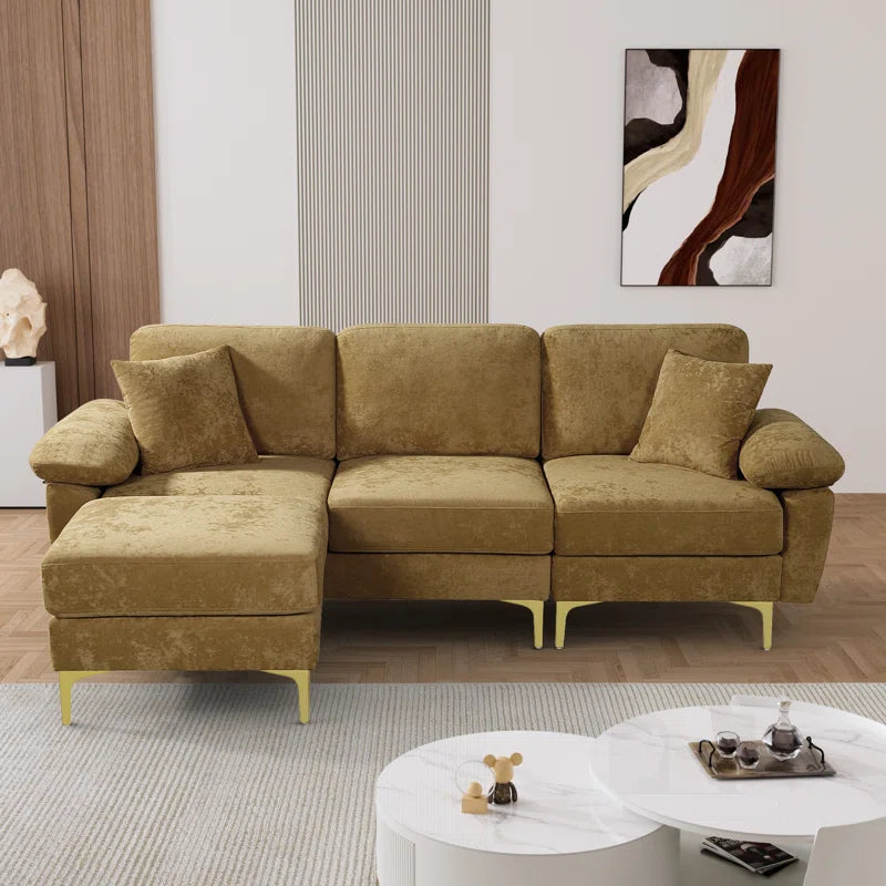 L-Shape Sectional Sofa: 3 - Piece Upholstered Sectional with Ottoman(Brown Polyester)