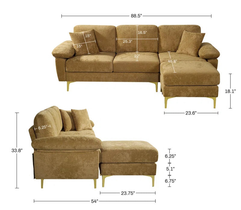 L-Shape Sectional Sofa: 3 - Piece Upholstered Sectional with Ottoman(Brown Polyester)