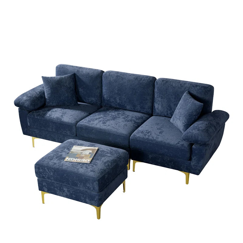 L-Shape Sectional Sofa: 3 - Piece Upholstered Sectional with Ottoman(Dark Blue Polyester)