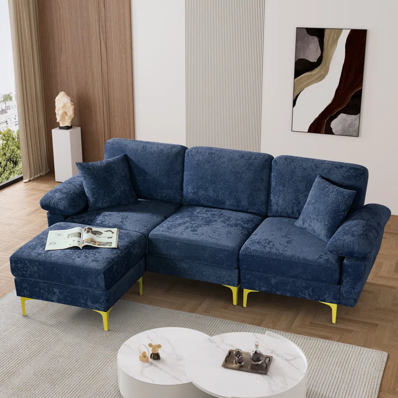 L-Shape Sectional Sofa: 3 - Piece Upholstered Sectional with Ottoman(Dark Blue Polyester)
