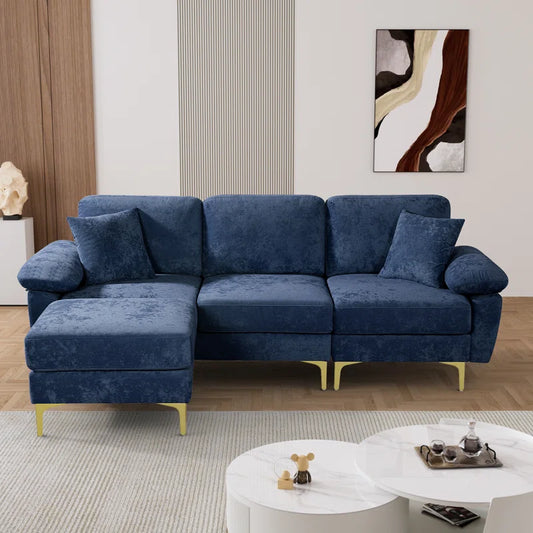 L-Shape Sectional Sofa: 3 - Piece Upholstered Sectional with Ottoman(Dark Blue Polyester)