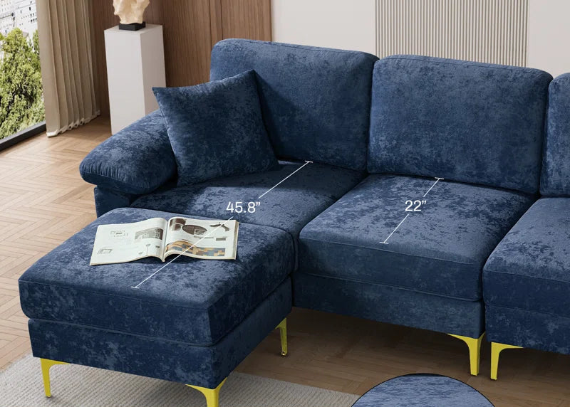 L-Shape Sectional Sofa: 3 - Piece Upholstered Sectional with Ottoman(Dark Blue Polyester)