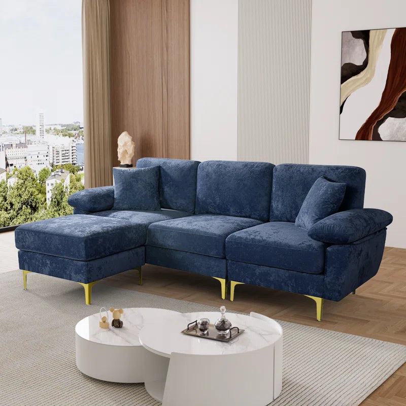 L-Shape Sectional Sofa: 3 - Piece Upholstered Sectional with Ottoman(Dark Blue Polyester)