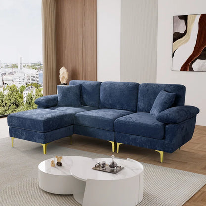 L-Shape Sectional Sofa: 3 - Piece Upholstered Sectional with Ottoman(Dark Blue Polyester)