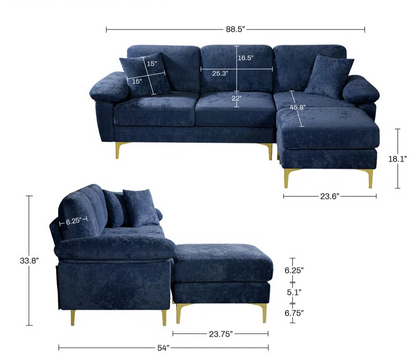 L-Shape Sectional Sofa: 3 - Piece Upholstered Sectional with Ottoman(Dark Blue Polyester)