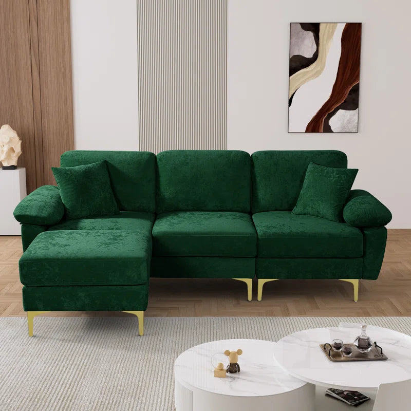 L-Shape Sectional Sofa: 3 - Piece Upholstered Sectional with Ottoman(Emerald Green Polyester)