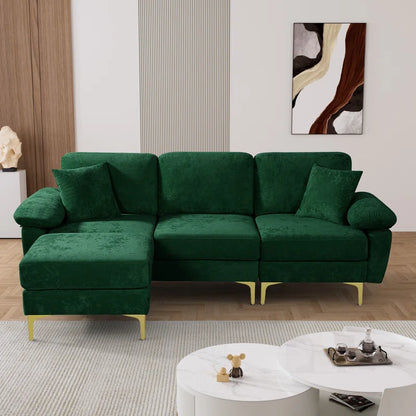 L-Shape Sectional Sofa: 3 - Piece Upholstered Sectional with Ottoman(Emerald Green Polyester)
