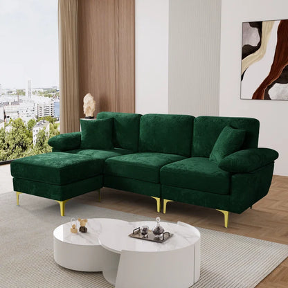 L-Shape Sectional Sofa: 3 - Piece Upholstered Sectional with Ottoman(Emerald Green Polyester)