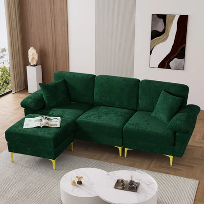 L-Shape Sectional Sofa: 3 - Piece Upholstered Sectional with Ottoman(Emerald Green Polyester)