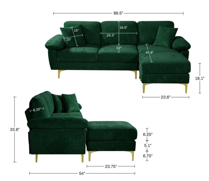 L-Shape Sectional Sofa: 3 - Piece Upholstered Sectional with Ottoman(Emerald Green Polyester)