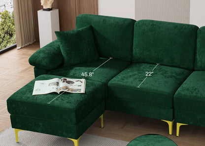 L-Shape Sectional Sofa: 3 - Piece Upholstered Sectional with Ottoman(Emerald Green Polyester)