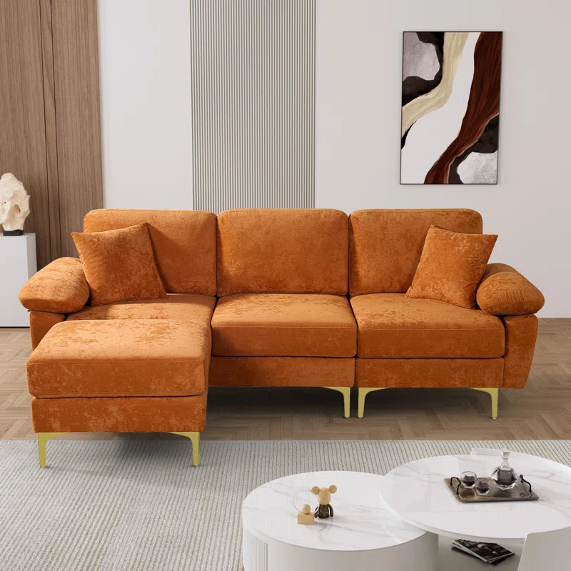L-Shape Sectional Sofa: 3 - Piece Upholstered Sectional with Ottoman(Orange Polyester)