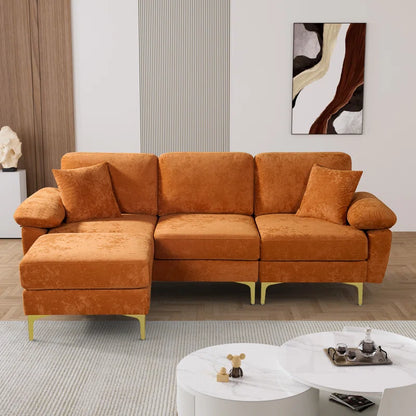 L-Shape Sectional Sofa: 3 - Piece Upholstered Sectional with Ottoman(Orange Polyester)
