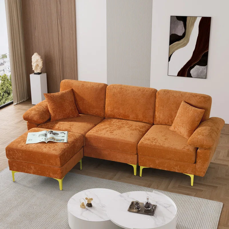 L-Shape Sectional Sofa: 3 - Piece Upholstered Sectional with Ottoman(Orange Polyester)
