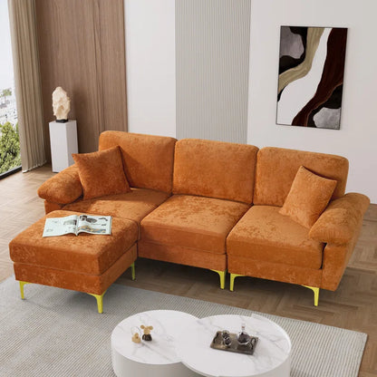 L-Shape Sectional Sofa: 3 - Piece Upholstered Sectional with Ottoman(Orange Polyester)