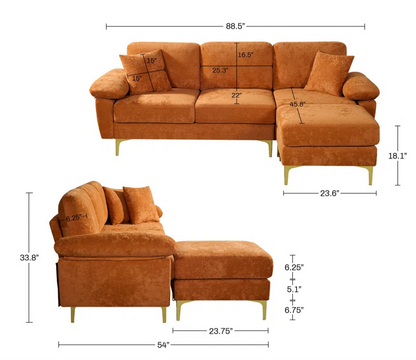 L-Shape Sectional Sofa: 3 - Piece Upholstered Sectional with Ottoman(Orange Polyester)