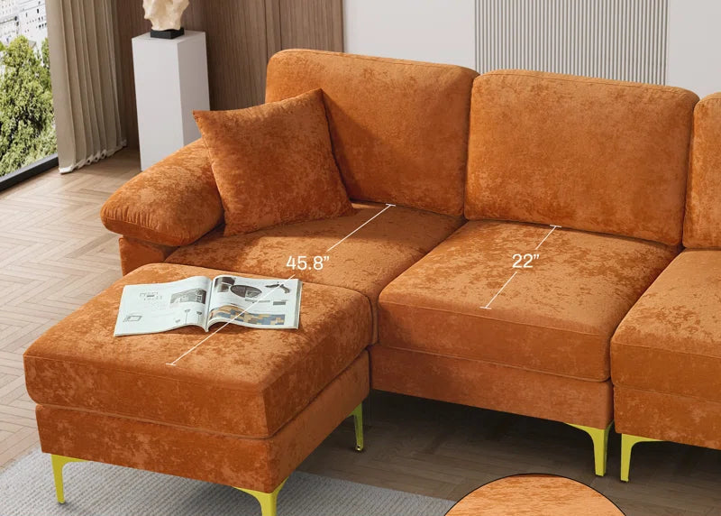 L-Shape Sectional Sofa: 3 - Piece Upholstered Sectional with Ottoman(Orange Polyester)
