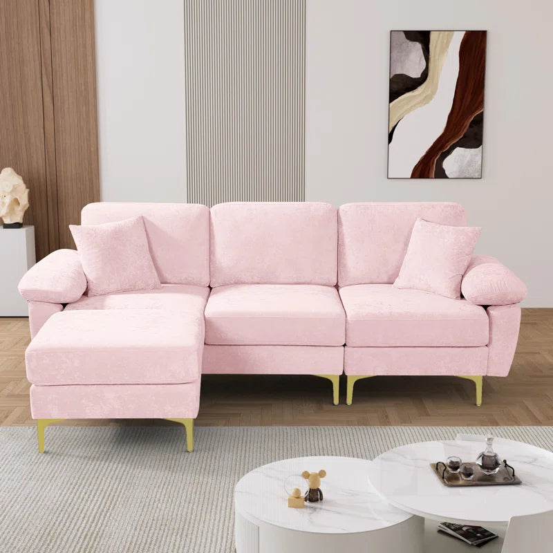 L-Shape Sectional Sofa: 3 - Piece Upholstered Sectional with Ottoman(Pink Polyester)