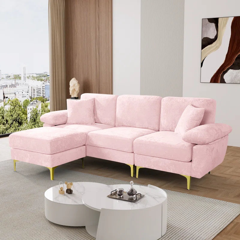 L-Shape Sectional Sofa: 3 - Piece Upholstered Sectional with Ottoman(Pink Polyester)