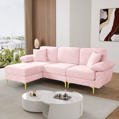 L-Shape Sectional Sofa: 3 - Piece Upholstered Sectional with Ottoman(Pink Polyester)