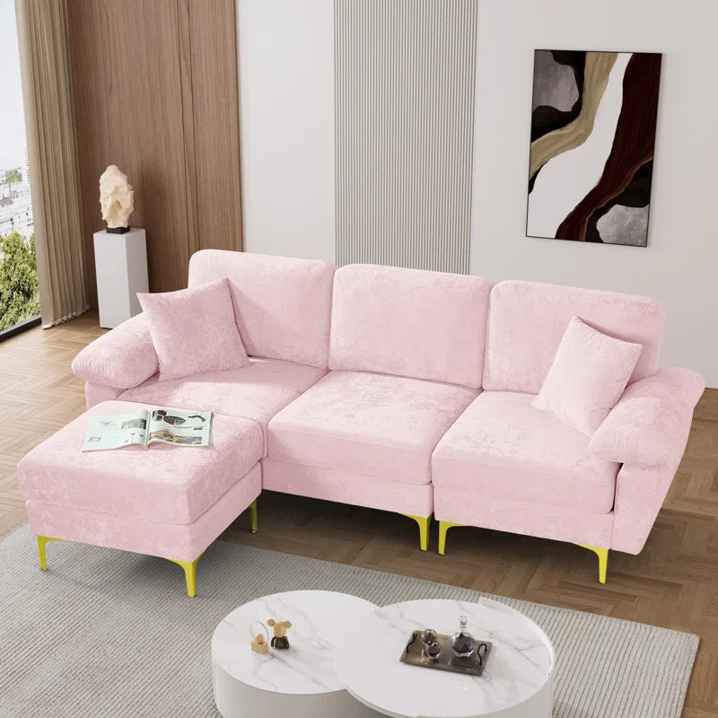 L-Shape Sectional Sofa: 3 - Piece Upholstered Sectional with Ottoman(Pink Polyester)