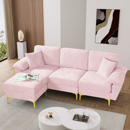 L-Shape Sectional Sofa: 3 - Piece Upholstered Sectional with Ottoman(Pink Polyester)