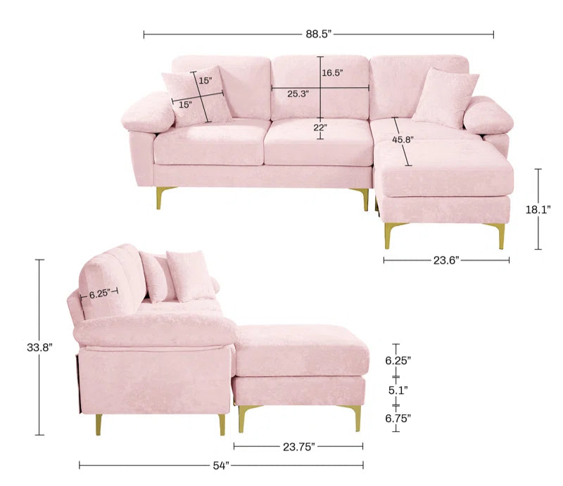 L-Shape Sectional Sofa: 3 - Piece Upholstered Sectional with Ottoman(Pink Polyester)