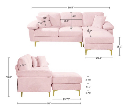 L-Shape Sectional Sofa: 3 - Piece Upholstered Sectional with Ottoman(Pink Polyester)