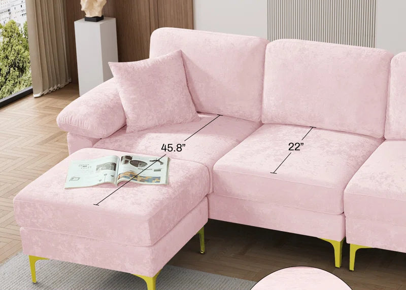 L-Shape Sectional Sofa: 3 - Piece Upholstered Sectional with Ottoman(Pink Polyester)