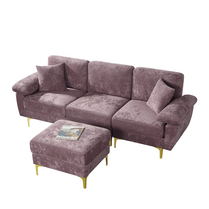 L-Shape Sectional Sofa: 3 - Piece Upholstered Sectional with Ottoman(Purple Polyester)