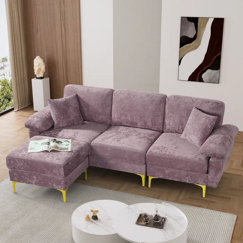 L-Shape Sectional Sofa: 3 - Piece Upholstered Sectional with Ottoman(Purple Polyester)