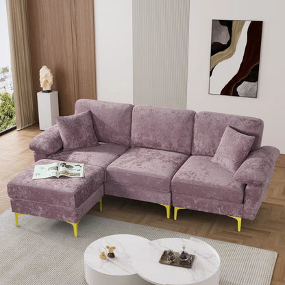 L-Shape Sectional Sofa: 3 - Piece Upholstered Sectional with Ottoman(Purple Polyester)