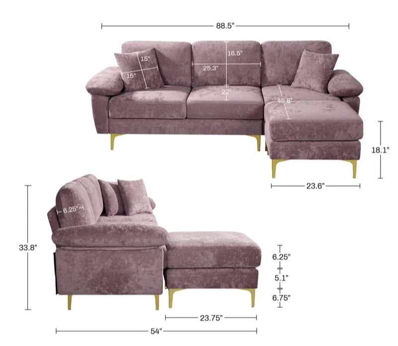 L-Shape Sectional Sofa: 3 - Piece Upholstered Sectional with Ottoman(Purple Polyester)