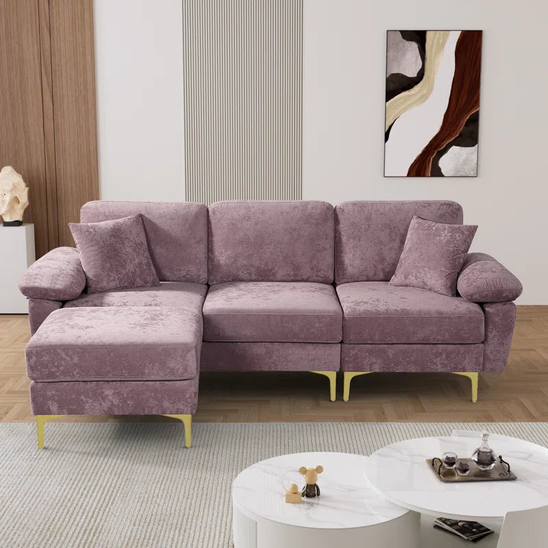 L-Shape Sectional Sofa: 3 - Piece Upholstered Sectional with Ottoman(Purple Polyester)