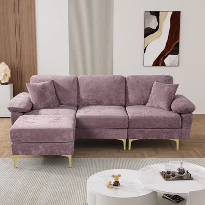 L-Shape Sectional Sofa: 3 - Piece Upholstered Sectional with Ottoman(Purple Polyester)