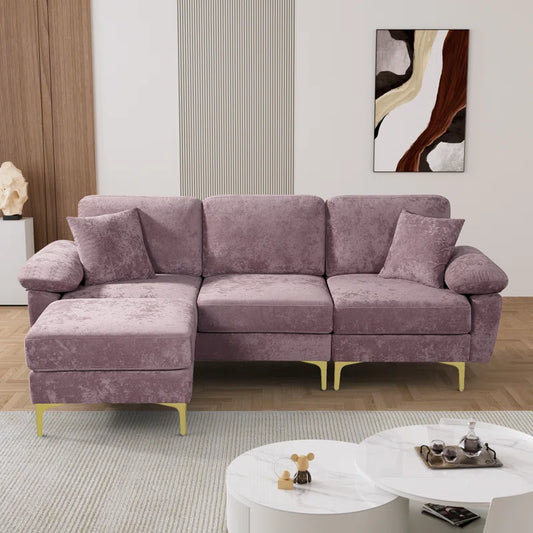 L-Shape Sectional Sofa: 3 - Piece Upholstered Sectional with Ottoman(Purple Polyester)
