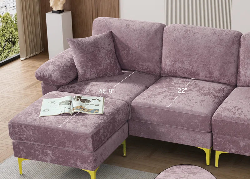 L-Shape Sectional Sofa: 3 - Piece Upholstered Sectional with Ottoman(Purple Polyester)