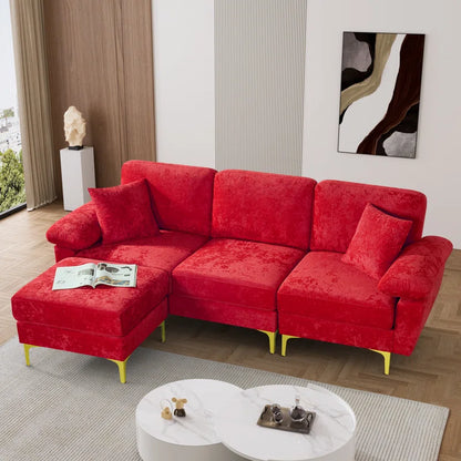 L-Shape Sectional Sofa: 3 - Piece Upholstered Sectional with Ottoman(Red Polyester)