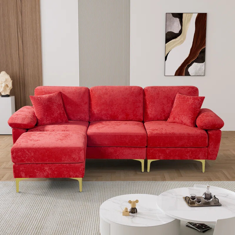 L-Shape Sectional Sofa: 3 - Piece Upholstered Sectional with Ottoman(Red Polyester)