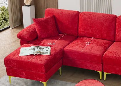 L-Shape Sectional Sofa: 3 - Piece Upholstered Sectional with Ottoman(Red Polyester)