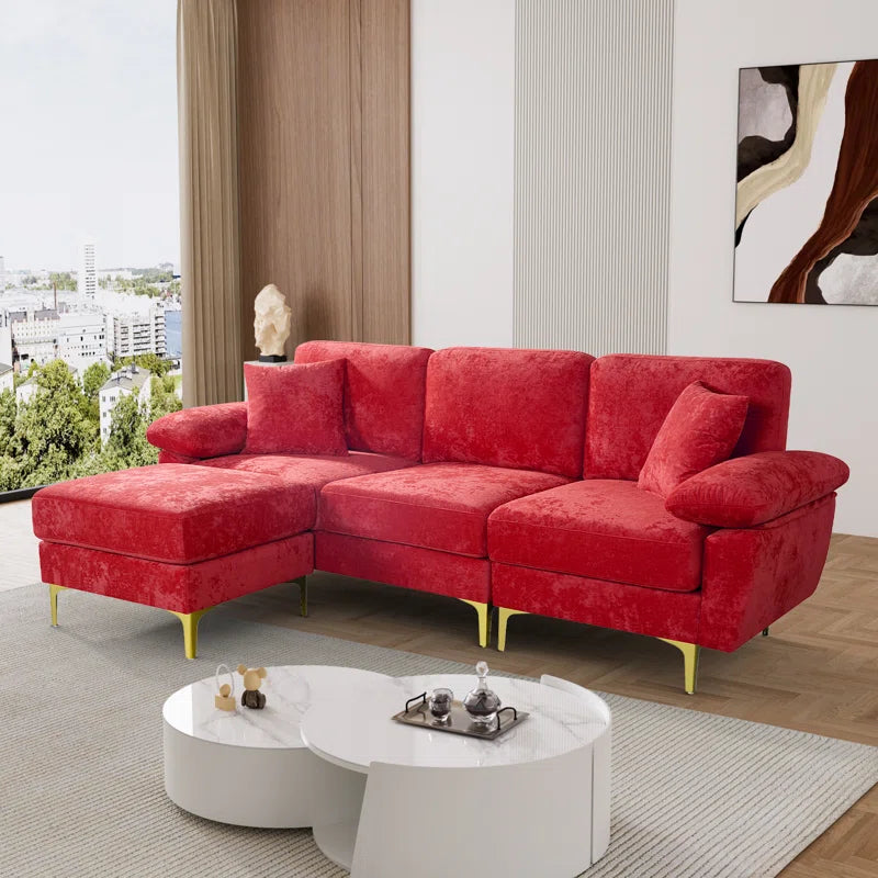 L-Shape Sectional Sofa: 3 - Piece Upholstered Sectional with Ottoman(Red Polyester)