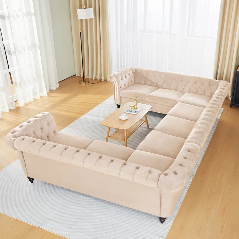 U-Shape Sectional Sofa: 3 - Piece Velvet Sectional(Beige Velvet)