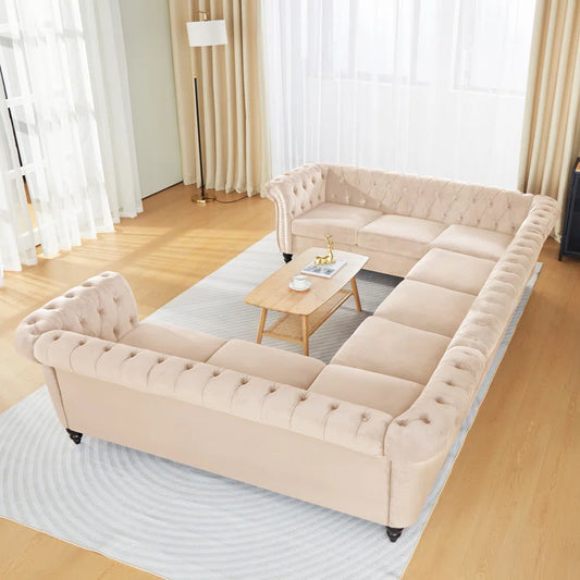 U-Shape Sectional Sofa: 3 - Piece Velvet Sectional(Beige Velvet)