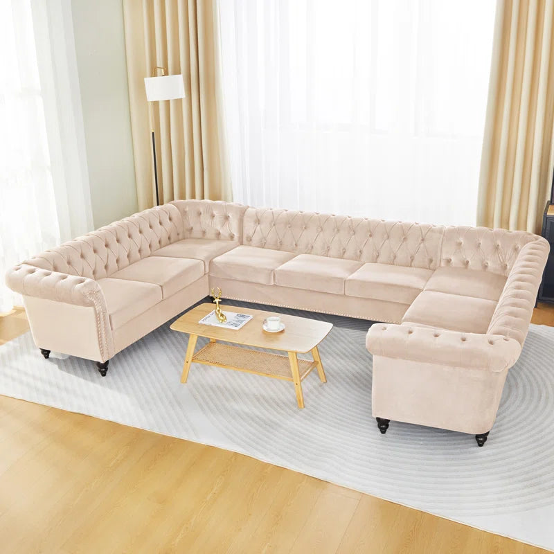 U-Shape Sectional Sofa: 3 - Piece Velvet Sectional(Beige Velvet)