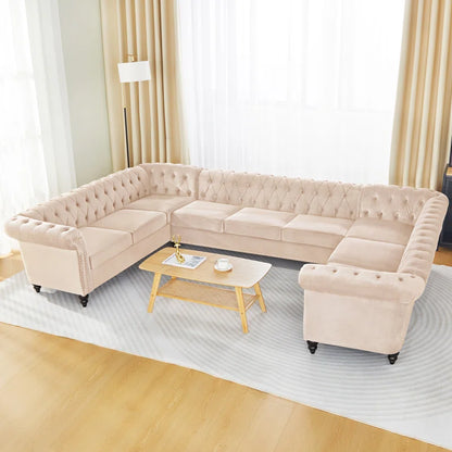 U-Shape Sectional Sofa: 3 - Piece Velvet Sectional(Beige Velvet)